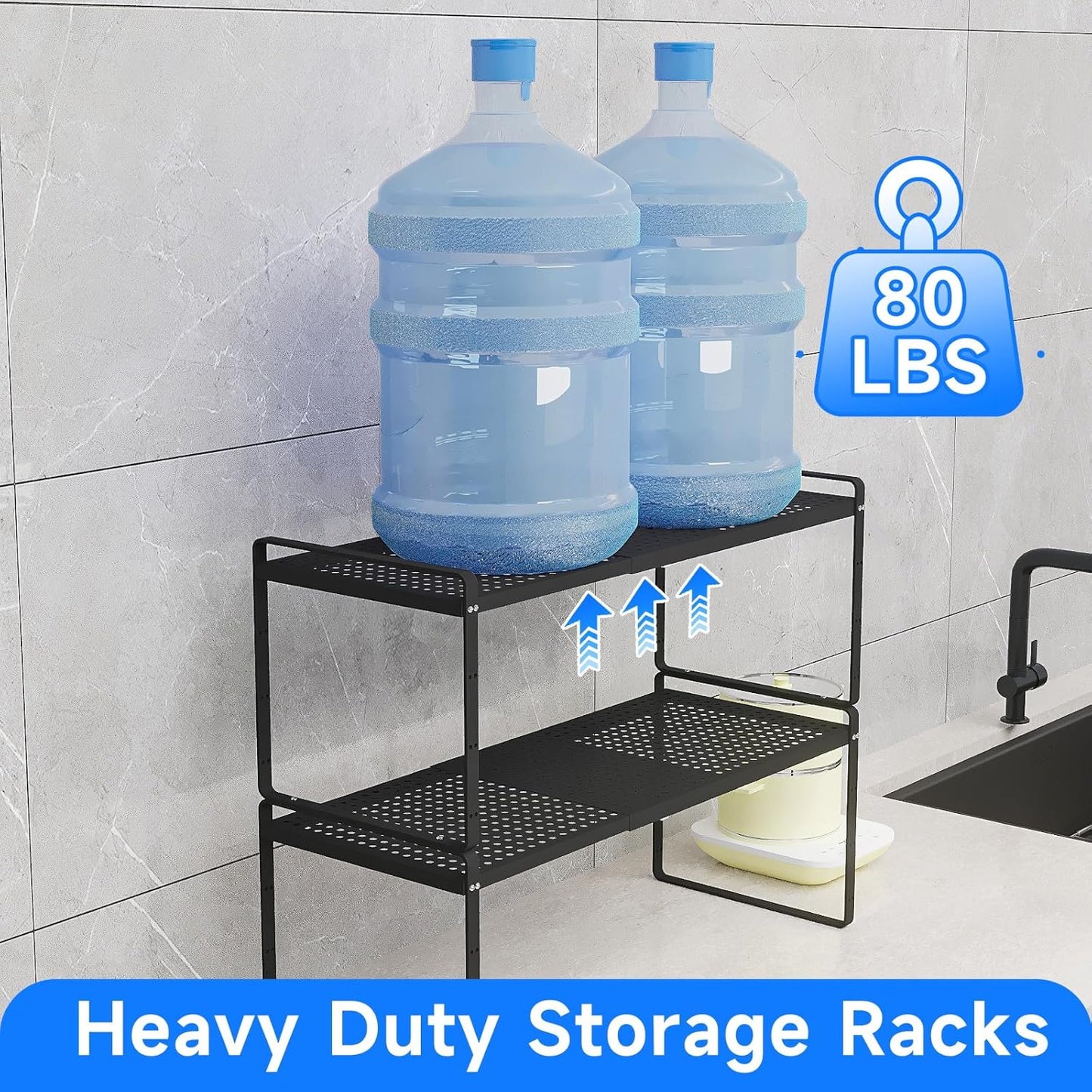 Expandable Kitchen Shelf Organizers, Kitchen Cabinet Organizer Stand Rack Organization for Countertop Office Desktop, Black 2 Pack