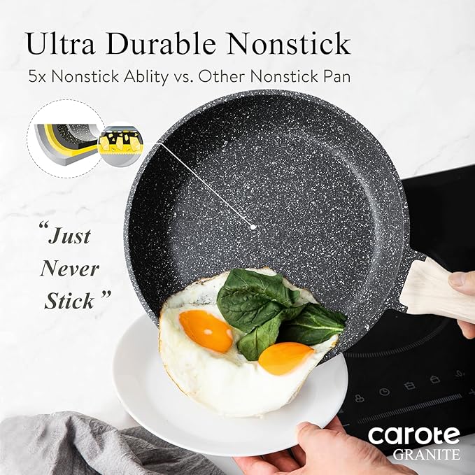 CAROTE Non Stick Frying Pan Skillet, 8" Nonstick Fry Pan with Glass Lid, Egg Pan Omelet Pans, Granite Cookware, PFOA Free (Classic Granite, 8-Inch)
