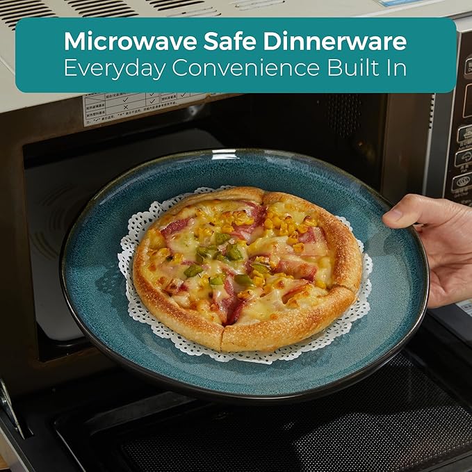 24 Piece Stoneware Dinnerware Set for 8, Reactive Glaze Plates and Bowls Sets | Designed for Holiday Dinners, Thanksgiving, Party Hosting | Durable Irregular Coastal Design, Green Black