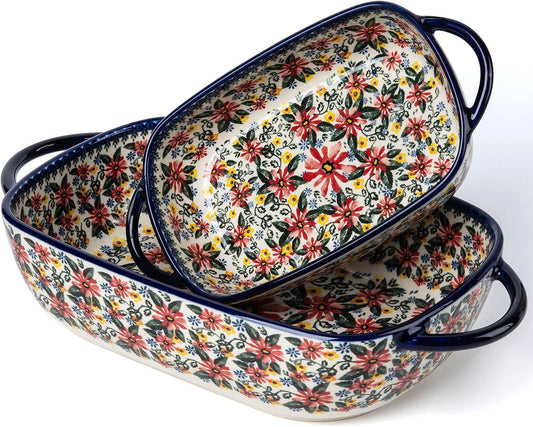 Baking Dish Ceramic Baking Pan Blue Casserole Dish Rectangular Baking Set 2pcs Bakeware Sets Lasagna Pan Baking Dishes for oven (Exotic Daisy)