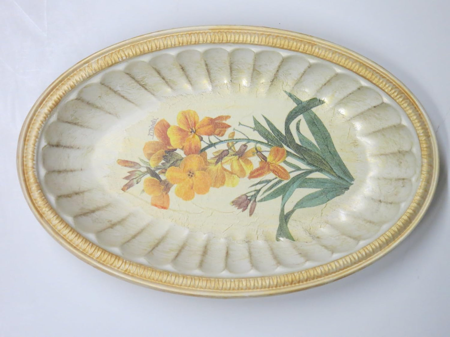 GAC Italian Hand Painted 'Country Flowers' Decorative Oval Serving Platter - Serving Tray, Decorative Plate - Brass - Limited Edition 12"