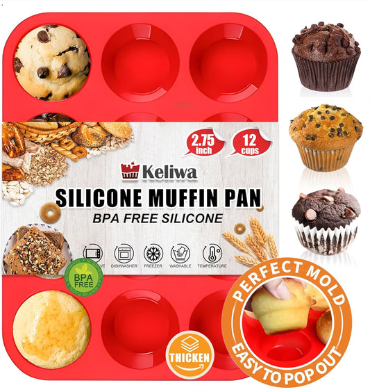 12 Cup Regular Silicone Cupcake Pan - Non Stick, Thickened