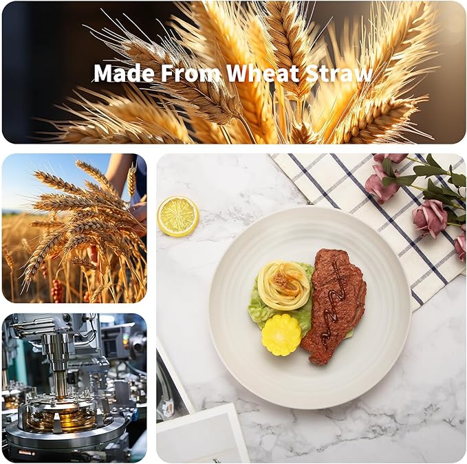 Lazycorner 48-Piece Wheat Straw Dinnerware Sets for 8, Unbreakable Reuasble Dinner Dishes Serving Plate Set for Kitchen, Including Plastic Dinner Plate, Dessert Plate, Bowl, Cup(Beige)