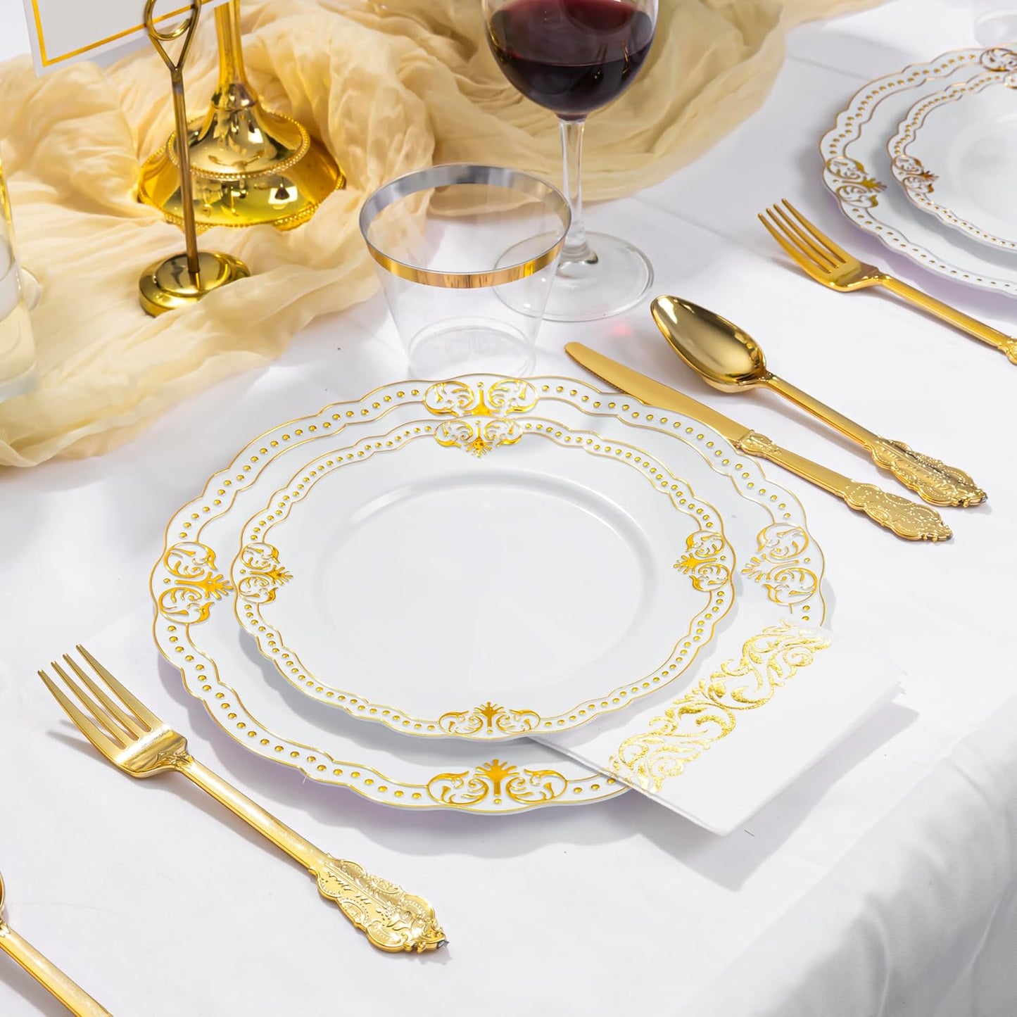 Ciaell 175 PCS White and Gold Plastic Plates - Fancy Gold Disposable Dinnerware Set with of 50 Plastic Plates, 25 Knives, 25 Forks, 25 Spoons, 25 Cups, 25 Napkins for Wedding, Party &Thanksgiving
