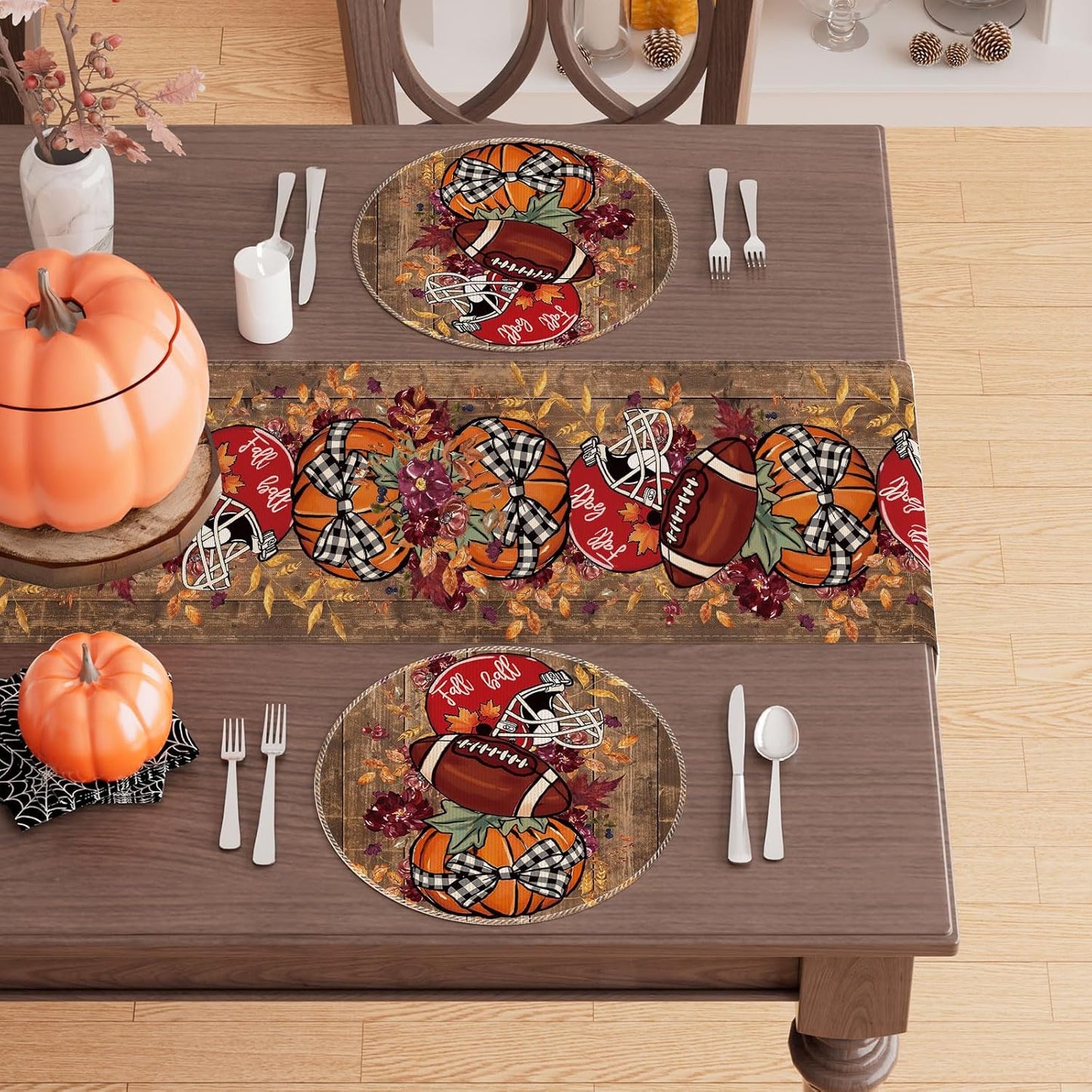 XCHI Fall Football Pumpkin Wood Round Placemats Set of 4 Table Mats for Party Home Kitchen Dining Table Decorations 14x14 Inch