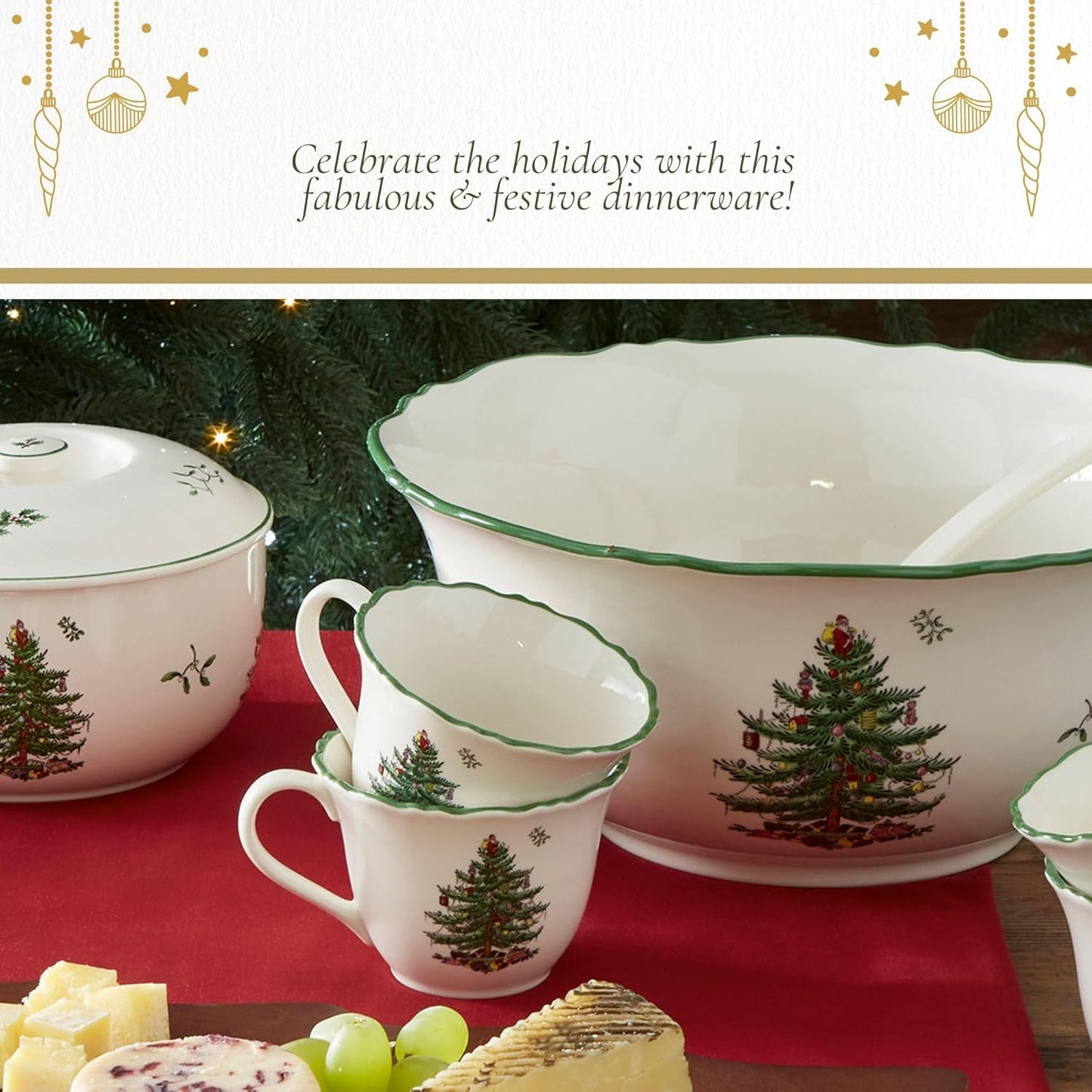Spode Christmas Tree Punch Cups - Set of 2 Holiday Mugs for Espresso, Tea, Coffee - 8 Oz Porcelain Cups with Scalloped Rim, Christmas Design - Microwave & Dishwasher Safe