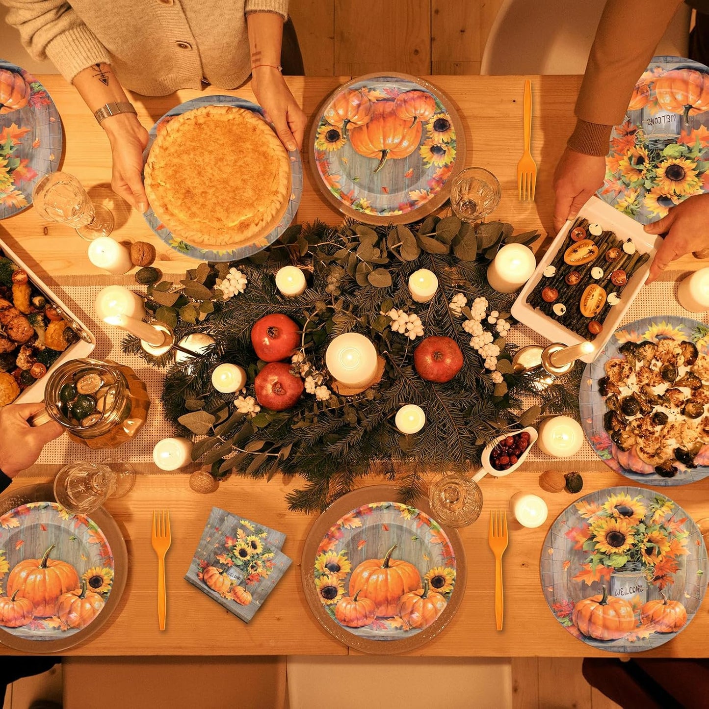 96 Pieces Thanksgiving Tableware Set – Rustic Pumpkin and Sunflower Disposable Dinnerware with Paper Plates, Napkins, and Forks for Thanksgiving Harvest Friendsgiving Fall Parties, Serves 24 Guests