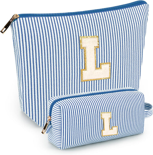 2 PCS Initial Makeup Bags for Women: Cosmetic Bag for Travel Toiletry - Birthday Gifts for 11 12 13 14 15 16 17 18 Years Old Girl Graduation Teacher Gift- Teen Girl Gifts Trendy Stuff - Blue L