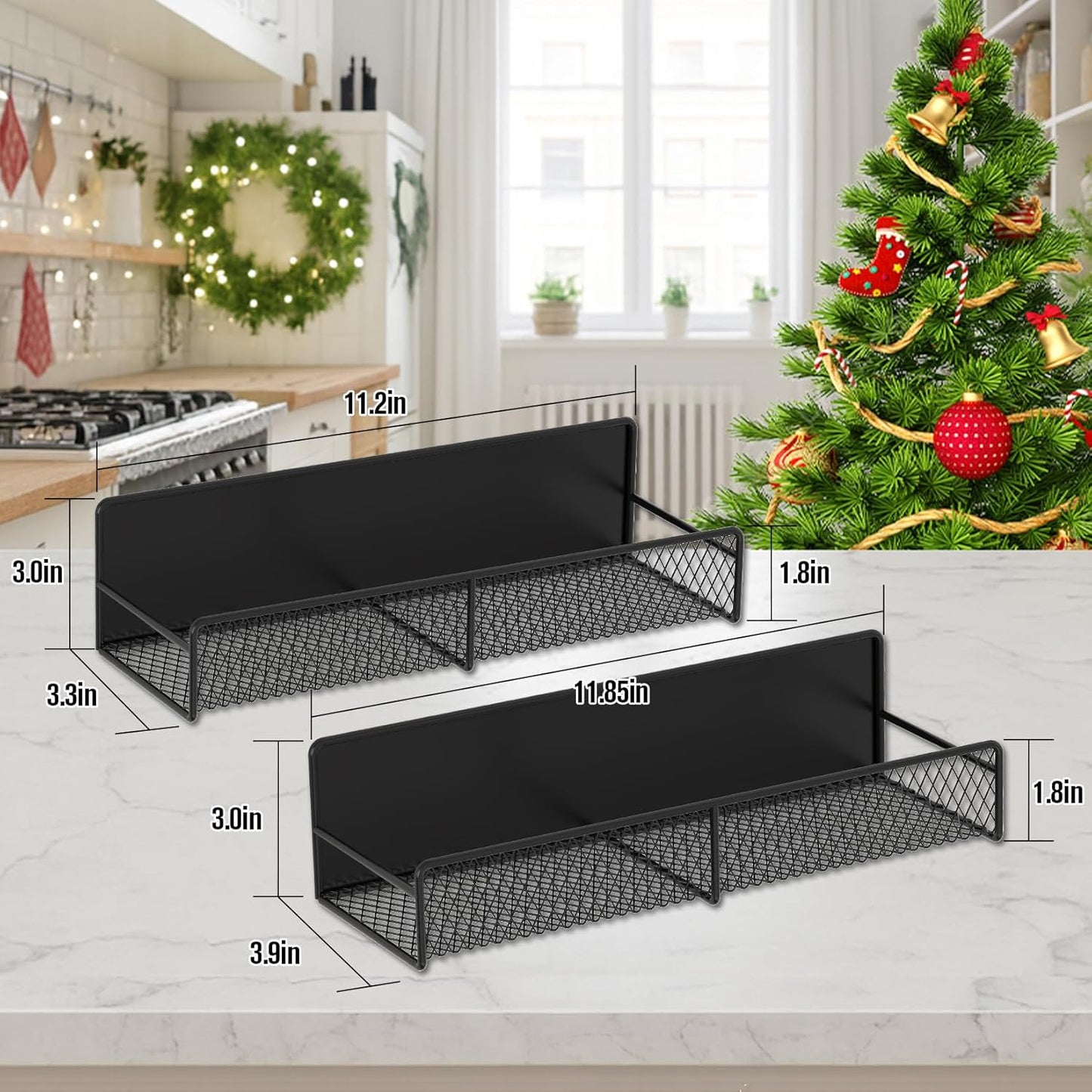 Magnetic Spice Rack for Refrigerator, 2 Pack Magnetic Shelf for Fridge with 4 Hooks, Black Magnetic Shelves, Organization and Storage Kitchen, Magnet Shelf for Fridge, Cabinet Organization