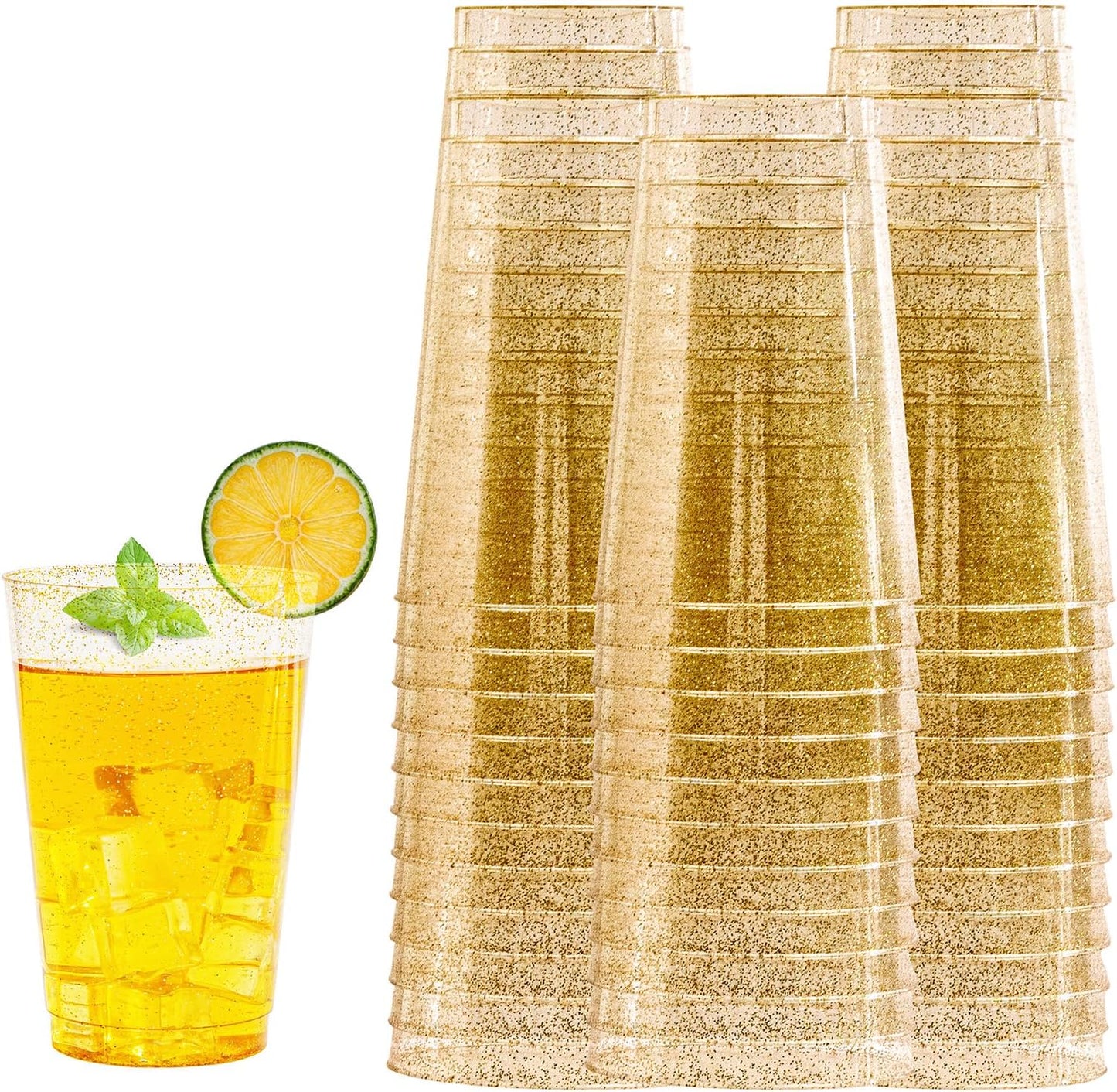 I00000 50 Pack 20 oz Gold Plastic Cups, Gold Glitter Cups Disposable Plastic Wine Glasses Cocktail Glasses Premium Cup, 20 Ounce Glitter Disposable Tumblers for Party & Wedding