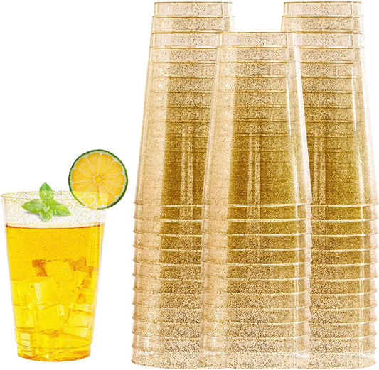 I00000 50 Pack 20 oz Gold Plastic Cups, Gold Glitter Cups Disposable Plastic Wine Glasses Cocktail Glasses Premium Cup, 20 Ounce Glitter Disposable Tumblers for Party & Wedding