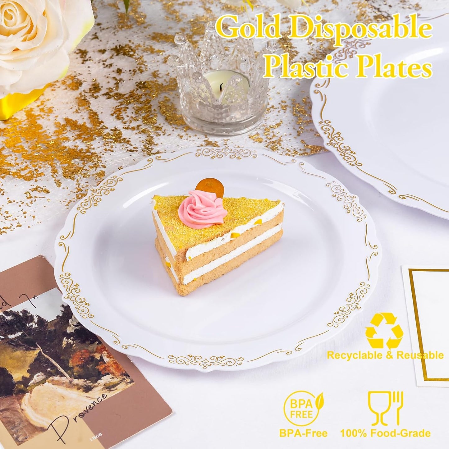 U-QE 100PCS Gold Plastic Disposable Plates - Heavy Duty White and Gold Plates Including 50PCS 10'' Dinner & 50PCS 7.5'' Dessert Plates Perfect for Upscale Party, Wedding