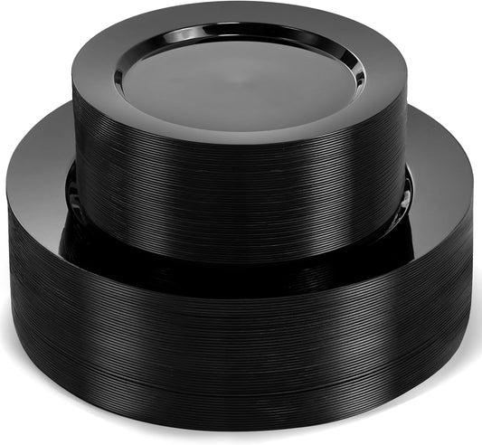 100 PCS Black Plastic Plates, Plastic Halloween Disposable Plates Include 50 10 inch Dinner Plate and 50 7 inch Dessert Plate Perfect for Party, Wedding,Halloween