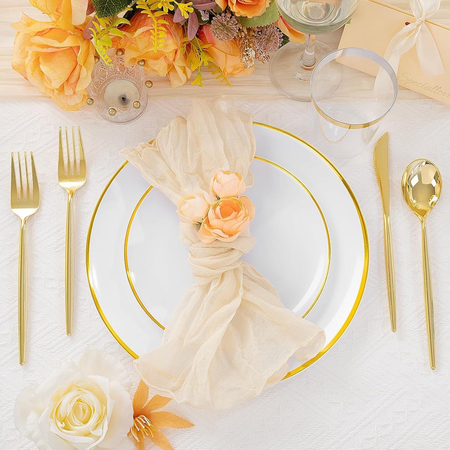 EI 180pcs White and Gold Plastic Plates,Gold Plastic Plates for Party,Fancy Plate Disposable Dinnerware Sets,Gold Disposable Silverware and Cups for Wedding,Baby Shower