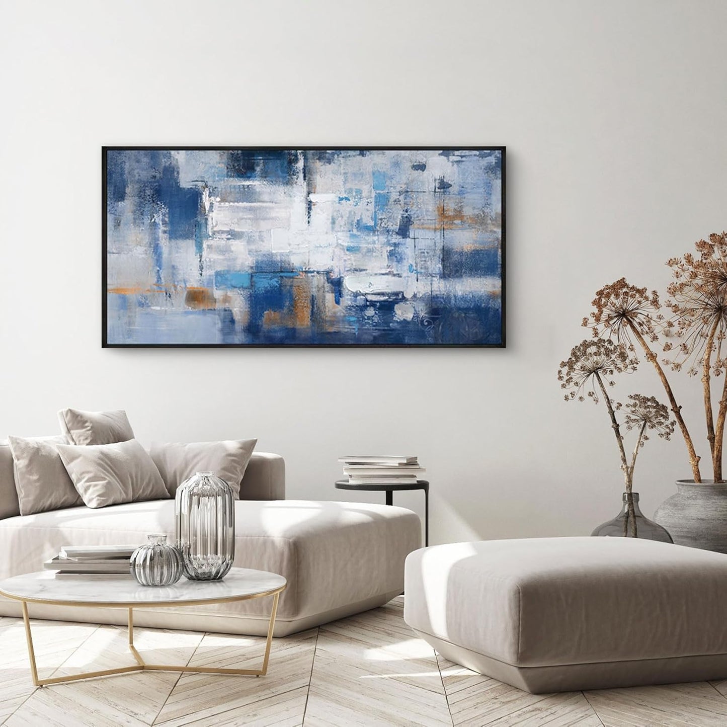 KLAKLA Blue Abstract Canvas Wall Art - Black Frame Artwork Picture Living Room Wall Decor Modern Paintings Large Wall Art for Bedroom Home Decoration
