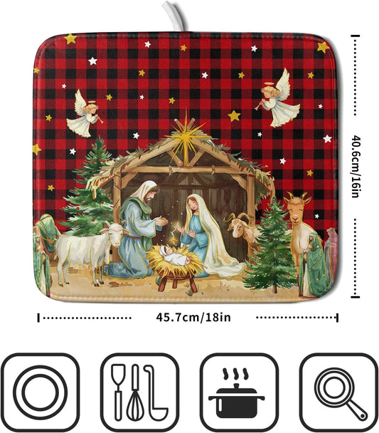 Christmas Dish Drying Mats for Kitchen Counter Xmas Nativity Scene Red Black Buffalo Plaid Absorbent Microfiber Dishes Mat Drying Pad with Loop for Home Countertops,16 x 18 Inches