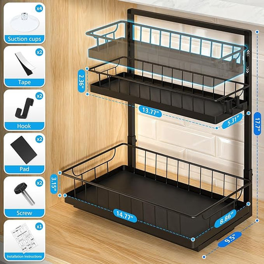 WOWBOX Under Sink Organizer 2 Pack, 2-Tier Cabinet Organizer for Kitchen, Bathroom, Slide Out Drawer Under Sink Organizers and Storage, Metal Organizing Rack for Pantry, Cabinet, Closet