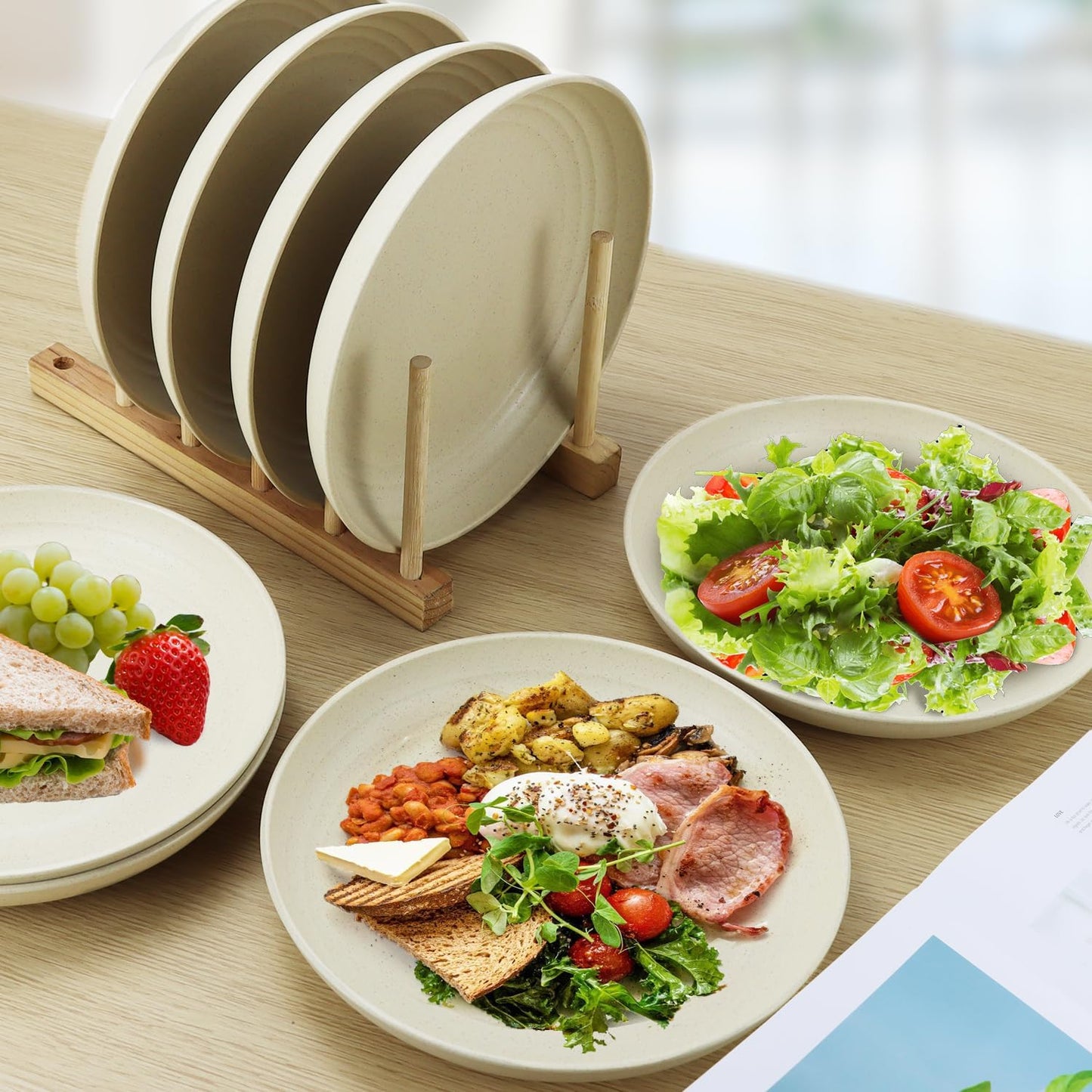 Wheat Straw Dinner Plates Set of 8, 10 Inch Beige, Lightweight & Unbreakable, Microwave & Dishwasher Safe Kids Plates