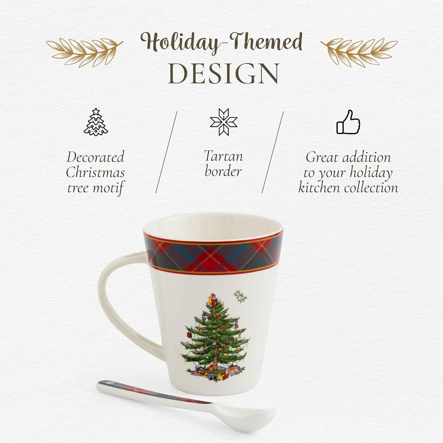 Spode Christmas Tree Mug & Spoon Set, 14 Oz Porcelain Mug for Coffee, Tea, Milk, Hot Cocoa - Festive Gift Box - Dishwasher & Microwave Safe - Holiday Collection Design for Gifting (Tartan)