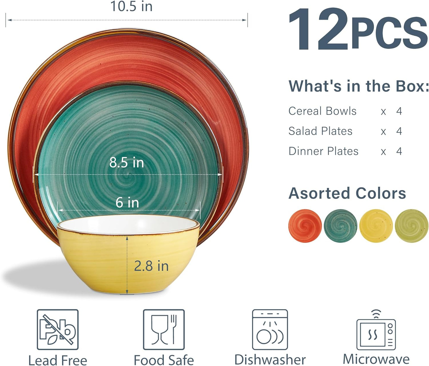 ONEMORE Plates and Bowls Set - Microwavable, Oven & Dishwasher Safe Porcelain Dinnerware Set - Scratch Resistant, Ceramic Dishware for 4(12pcs) - Assorted Colors