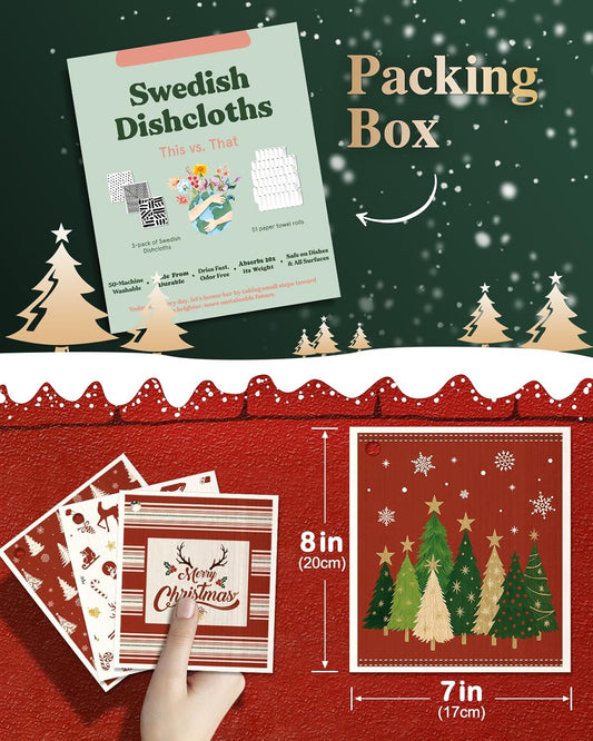 6 Pack Christmas Swedish Dishcloths for Kitchen - Reusable Dish Cloths for Washing Dishes Absorbent Cute Holiday Kitchen Towels Cleaning Sponge, Red Xmas Theme