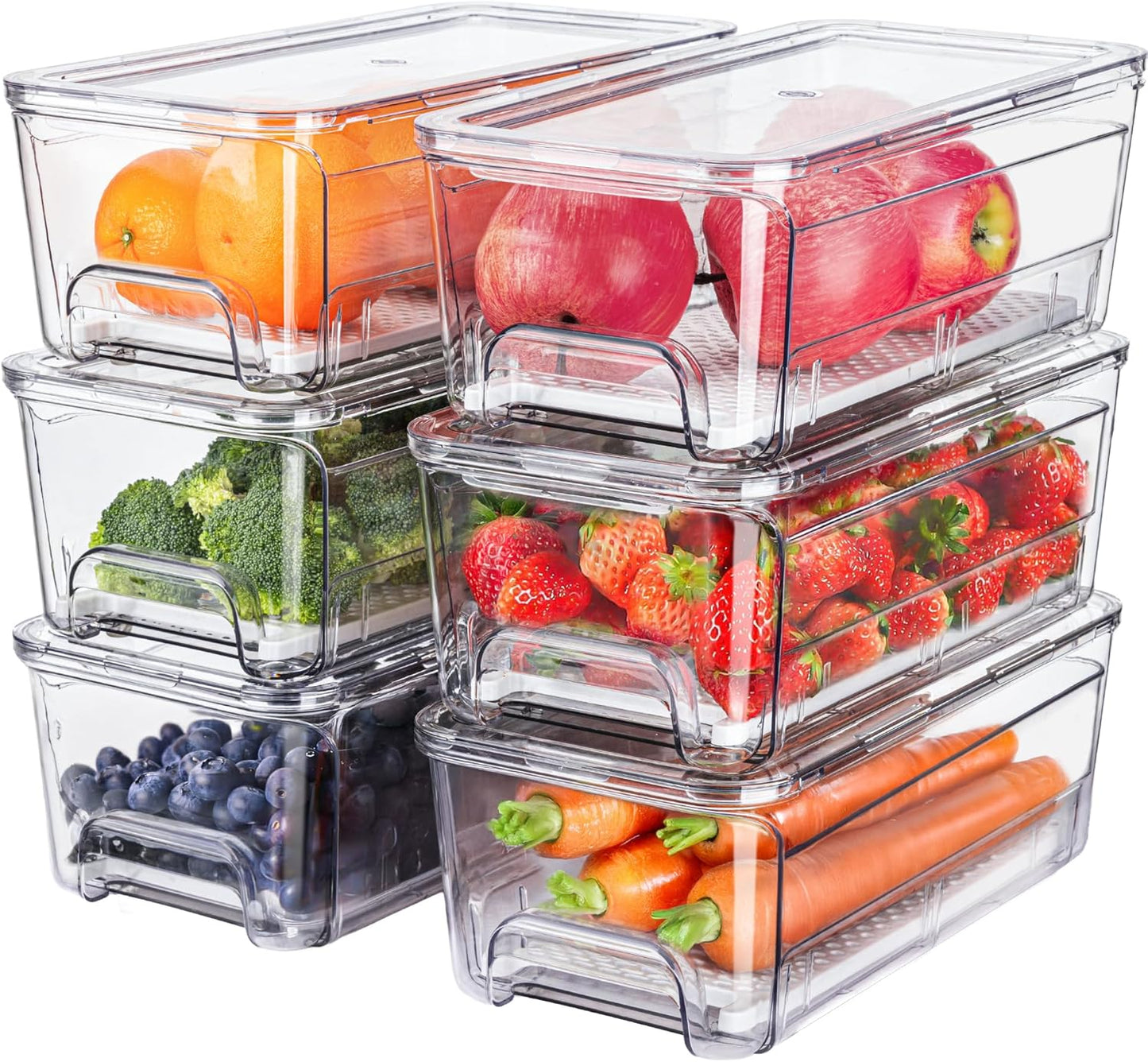 6-Pack Fridge Drawer Organizer, Pull-out Stackable Refrigerator Organizers and Storage, Clear Fruit Storage Containers Bins with Drain Tray for Kitchen Cabinet, Pantry Organization