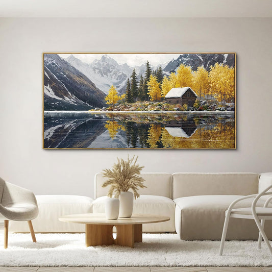 KLAKLA Living Room Wall Art - Tranquil Lake Cabin Orange Tree Forest Snowy Mountain Canvas Wall Decor Oversize Landscape Picture Framed Artwork for Bedroom Office Walls Home Decoration 48x24 Inches