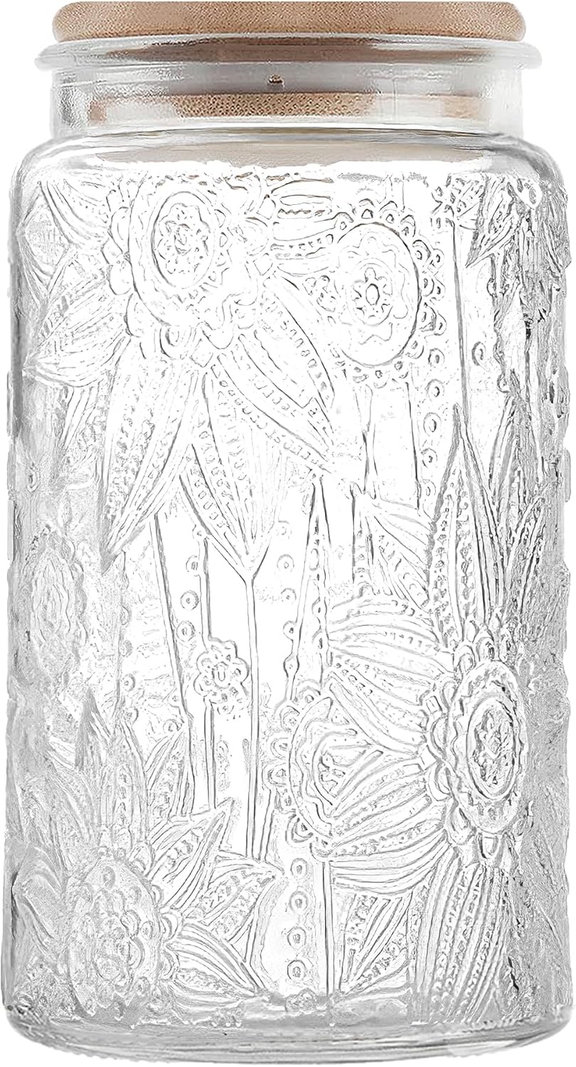 Glass Storage Jars with Airtight Bamboo Lid, 35 FL oz - Decorative Food Canisters for Kitchen Counter, Ideal for Sugar, Coffee, Tea, Candy, Cookies (35oz Large Sunflower)