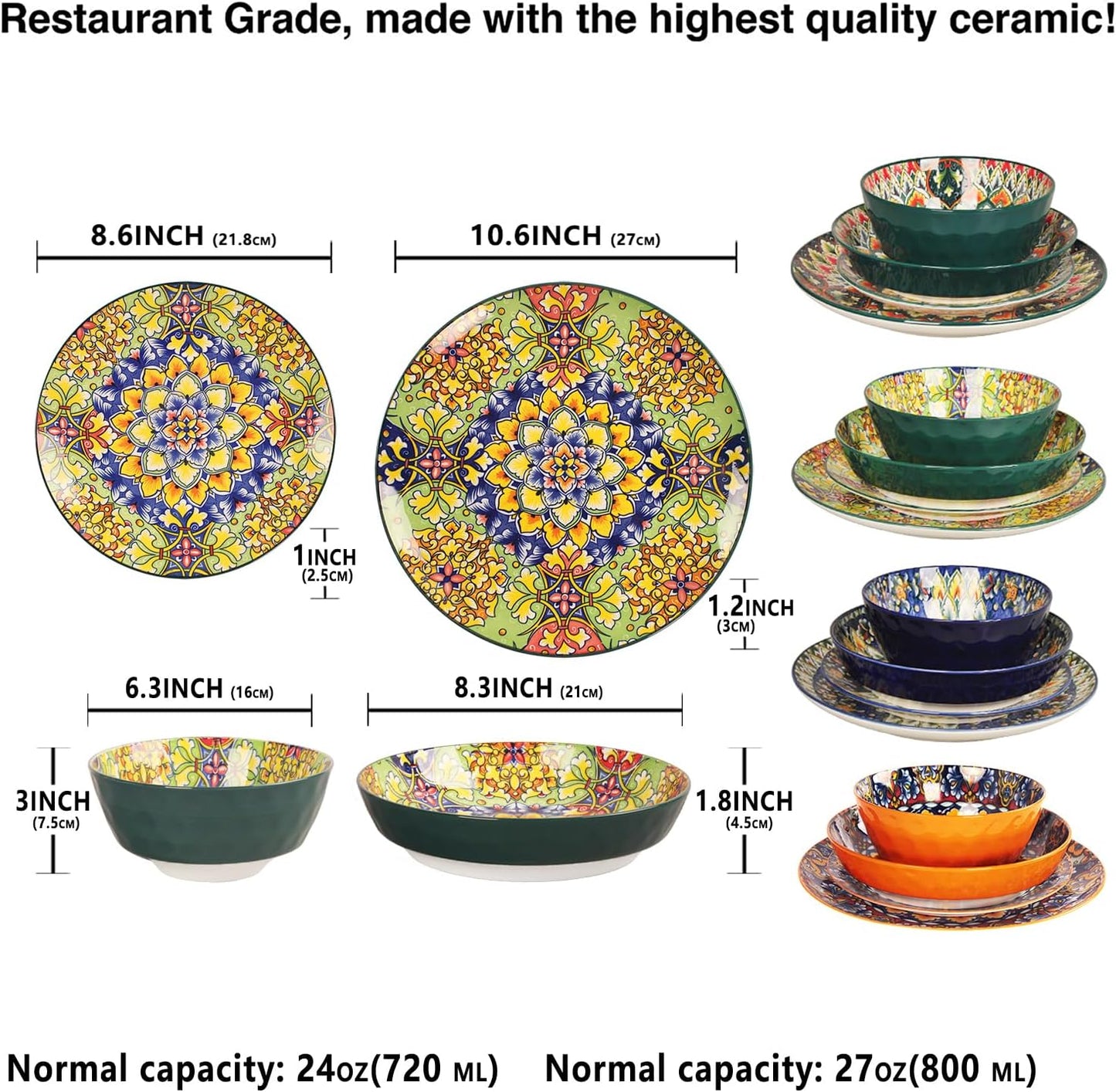 Mandala Dinnerware Sets, Plates and Bowls Set, Porcelain Dishes Service for 4, Zanzibar, Bohemian Style Dining Ware, for Kitchen and Dining Multicolor Dinnerware Set, Colorful No.2