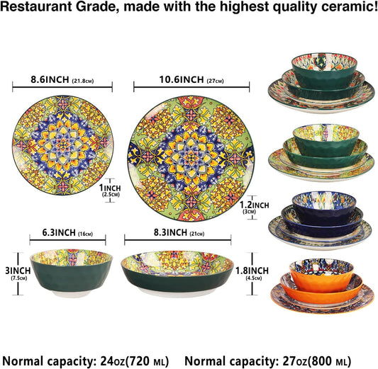 Mandala Dinnerware Sets, Plates and Bowls Set, Porcelain Dishes Service for 4, Zanzibar, Bohemian Style Dining Ware, for Kitchen and Dining Multicolor Dinnerware Set, Colorful No.2