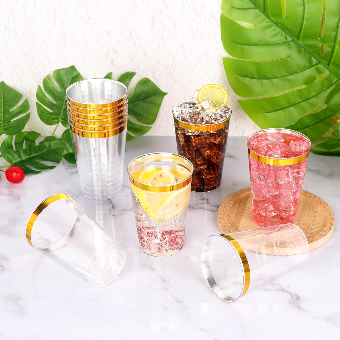 100 Pcs Gold Plastic Cups,12oz Gold Rimmed Plastic Cups,Heavy Duty Disposable Plastiic Wine Glasses Cocktail Glasses Premium Cup with Gold Rim for Party,Wedding,Christmas