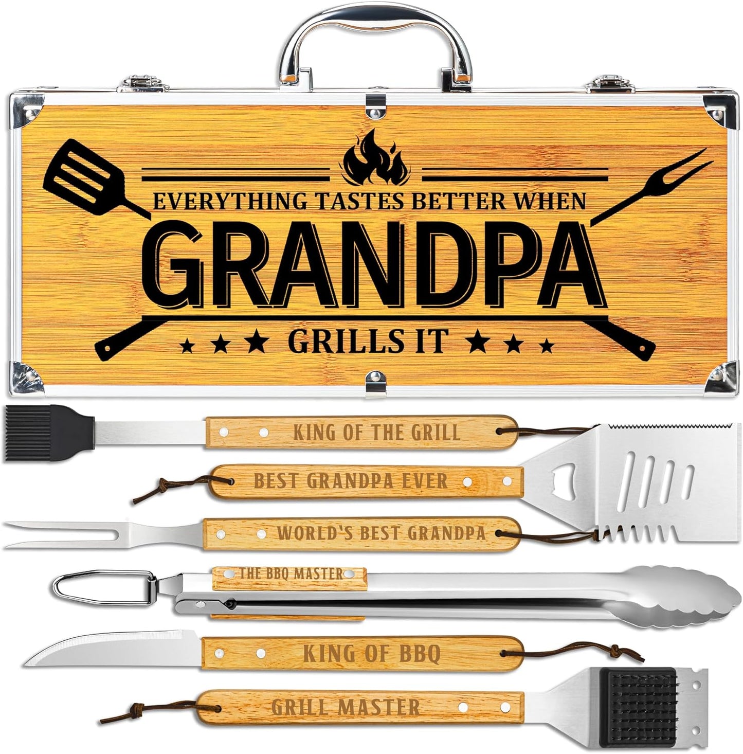 Grandpa Gifts from Grandkids, Grilling Gift Heavy Duty Wooden BBQ Grilling Accessories Kit, Thick Stainless Steel Grill Utensils with Non-Slip Handle Tools in Portable Bag on Christmas