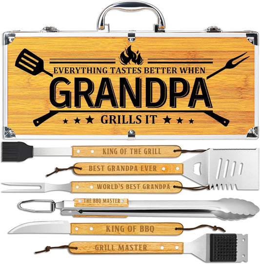 Grandpa Gifts from Grandkids, Grilling Gift Heavy Duty Wooden BBQ Grilling Accessories Kit, Thick Stainless Steel Grill Utensils with Non-Slip Handle Tools in Portable Bag on Christmas