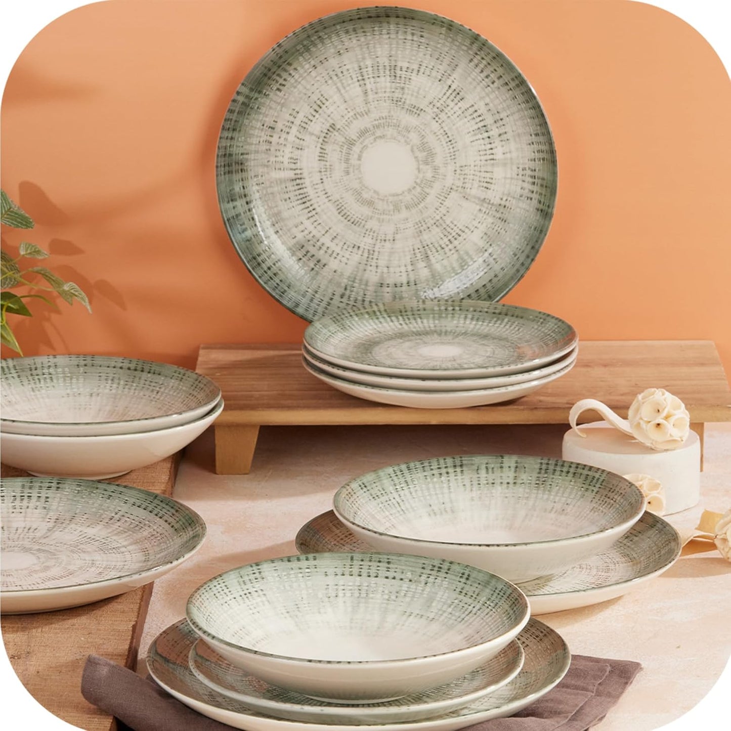 Corona 12-Piece Textured Modern Textured Finish Ceramic Dinnerware Sets, Plates and Bowls, Service For 4, Microwave and Dishwasher Safe, Elara