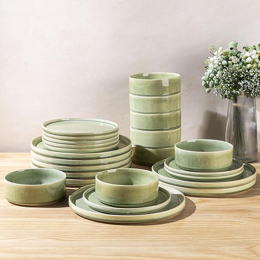 AmorArc Ceramic Dinnerware Sets, Handmade Reactive Glaze Stoneware Plates and Bowls Sets,Highly Chip and Crack Resistant | Dishwasher & Microwave Safe Dishes Set, Service for 8 (24pc)
