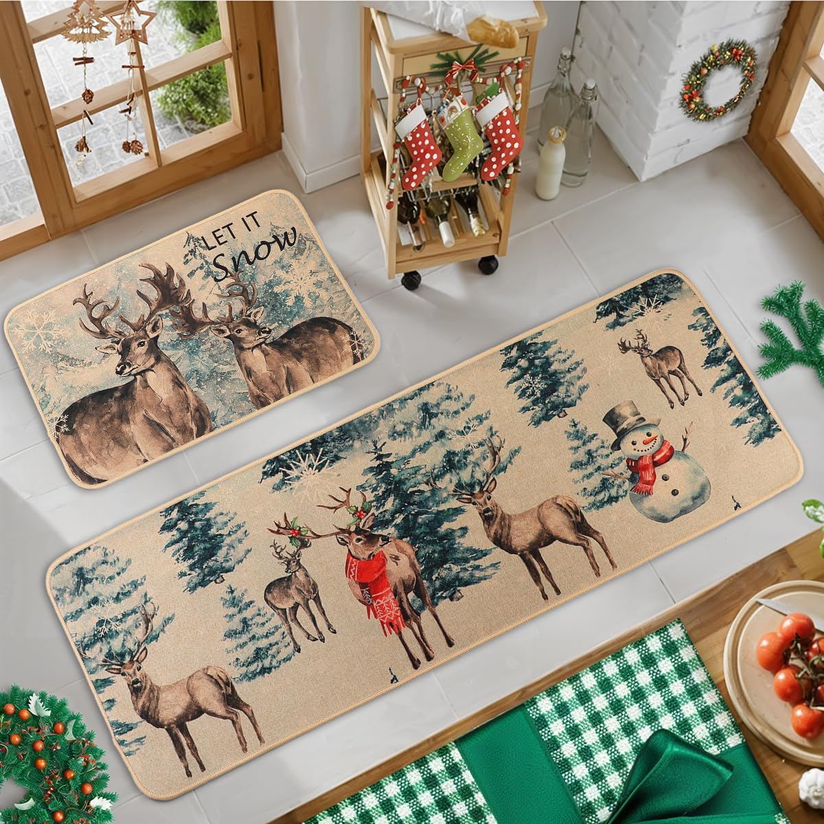 Larponder Christmas Snow Elk Snowflake Kitchen Mats Set of 2, Non-Slip Absorbent Rug and Door Mats, Home Decor Kitchen Floor Rugs for Winter - 17x24 and 17x48 Inch