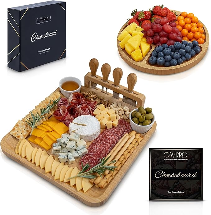 Charcuterie Board Set – Bamboo Cheese Platter with Knives, Bowls & Round Tray – Eco-Friendly Gift for Housewarming, Weddings & Parties – Wood Serving Board for Entertaining