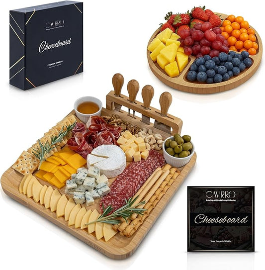 Charcuterie Board Set – Bamboo Cheese Platter with Knives, Bowls & Round Tray – Eco-Friendly Gift for Housewarming, Weddings & Parties – Wood Serving Board for Entertaining
