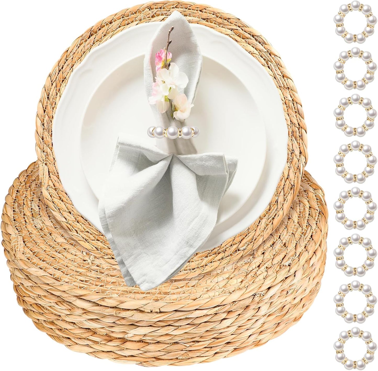 10 Pcs 12 Inch Round Woven Placemats with 10pcs Pearl Napkin Rings，Rattan Placemats Bulk Boho Woven Chargers Natural Water Hyacinth Place Mat for Wedding Party, Dinner Table
