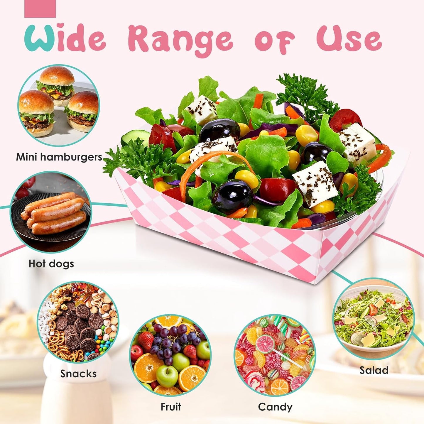 Blcculi 100 Pack Gingham Paper Food Trays,Gingham Party Supplies,Disposable Paper Food Boat,Snack Serving Trays for Nacho,Baby Shower,Birthday Party,Wedding (Pink + White)