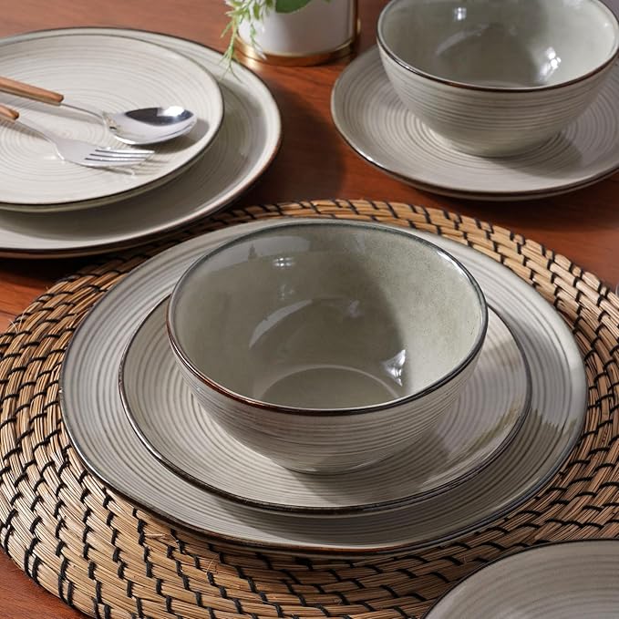 famiware Tempus Plates and Bowls Sets for 8, 24 Pieces Stoneware Dinnerware Sets, Dishes Set, Reactive Glaze Dishware Sets, Dishwasher & Microwave Safe - Castle Wall