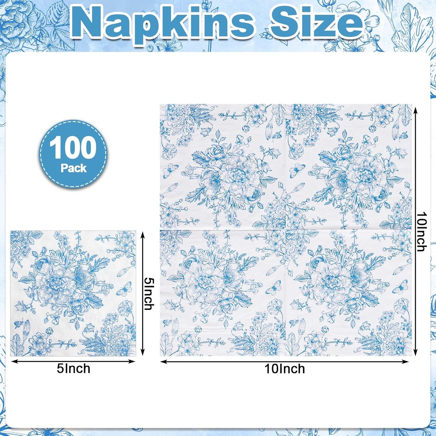 100 Pcs Blue Floral Napkins, Blue and White Decoupage Napkins Vintage Flower Butterfly Design Toile Napkin Cute Decorative Coastal Napkin for Wedding, Bridal Baby Shower,Tea Party, 5 x 5 Inch