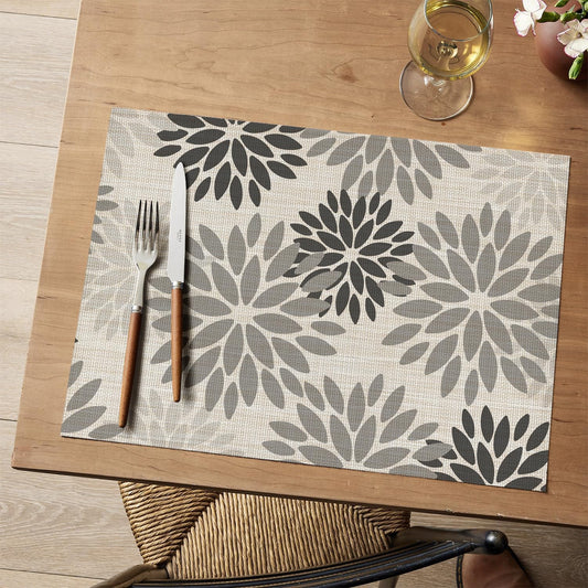 Artoid Mode Floral Vinyl Placemats Set of 6, Heat Resistant Washable Non-Slip Plistic PVC Place Mats for Halloween Party Kitchen Dining Decor, Gray