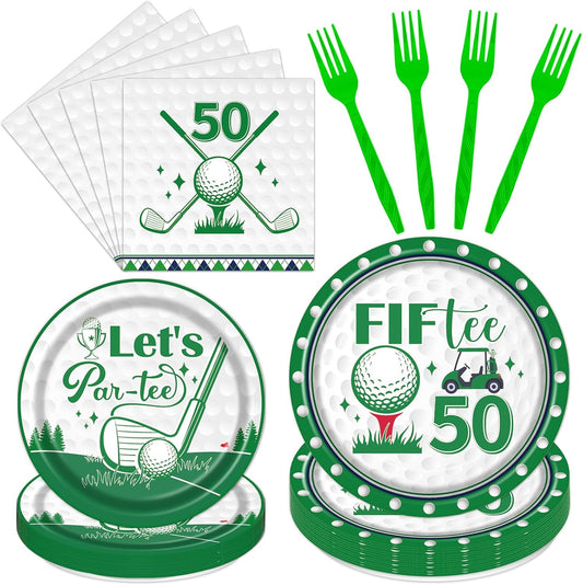 Rakuto Golf 50th Birthday Tableware Decorations for Men, Golf Theme Fiftee Birthday Party Plates Napkins and Forks, Disposable Paper Plates Supplies Decor Serves 24