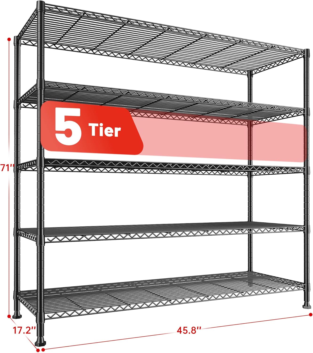 REIBII 45.8''W Storage Shelves Wire Shelving,5Tier Shelves Organizer, Sturdy Metal Garage Shelving, Adjustable Storage Rack for Pantry Kitchen Steel Shelving, 45.8" W x 71" H x 17.2" D
