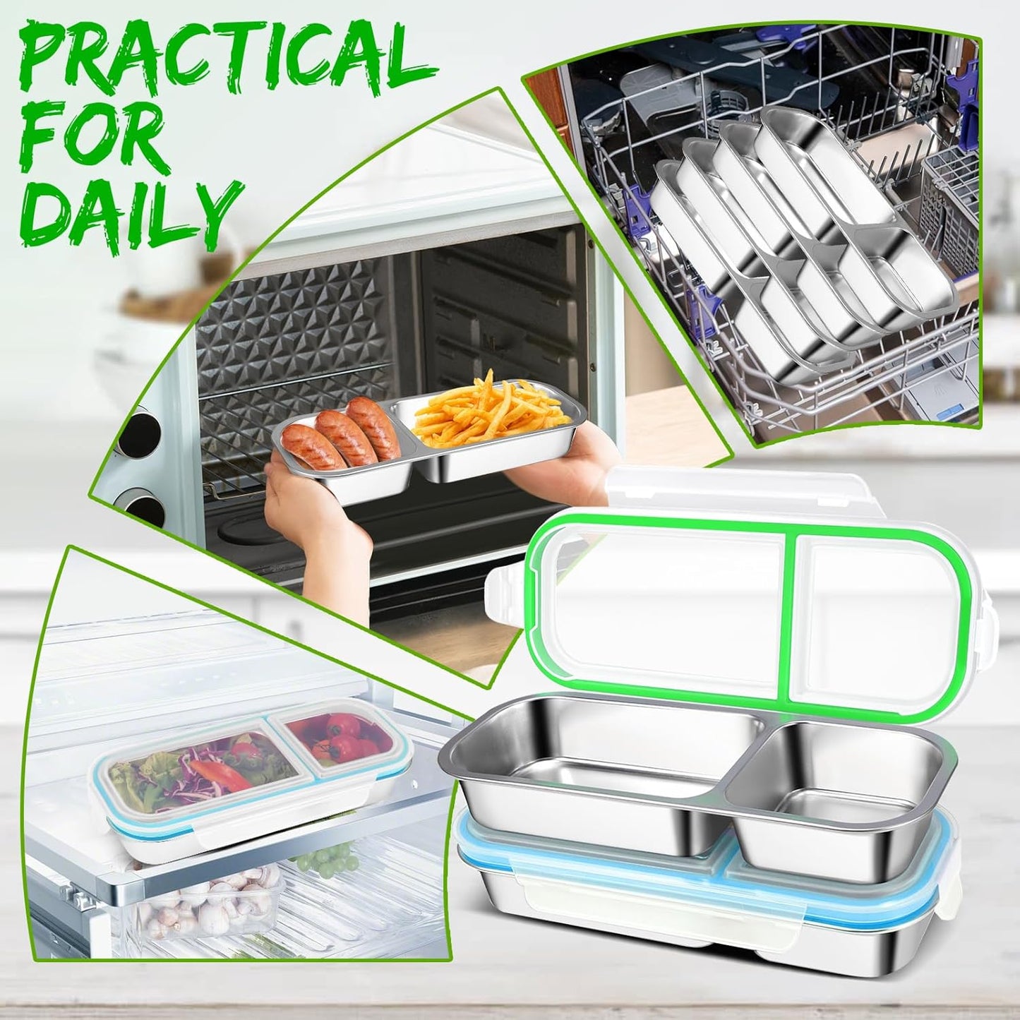 2 Pack Stainless Steel Snack Containers with Lids - Reusable 2 Compartment Snackle Box Container Divide Wet Dry Leakproof Metal Food Storage Containers for School, Home, Travel (Blue + Green)