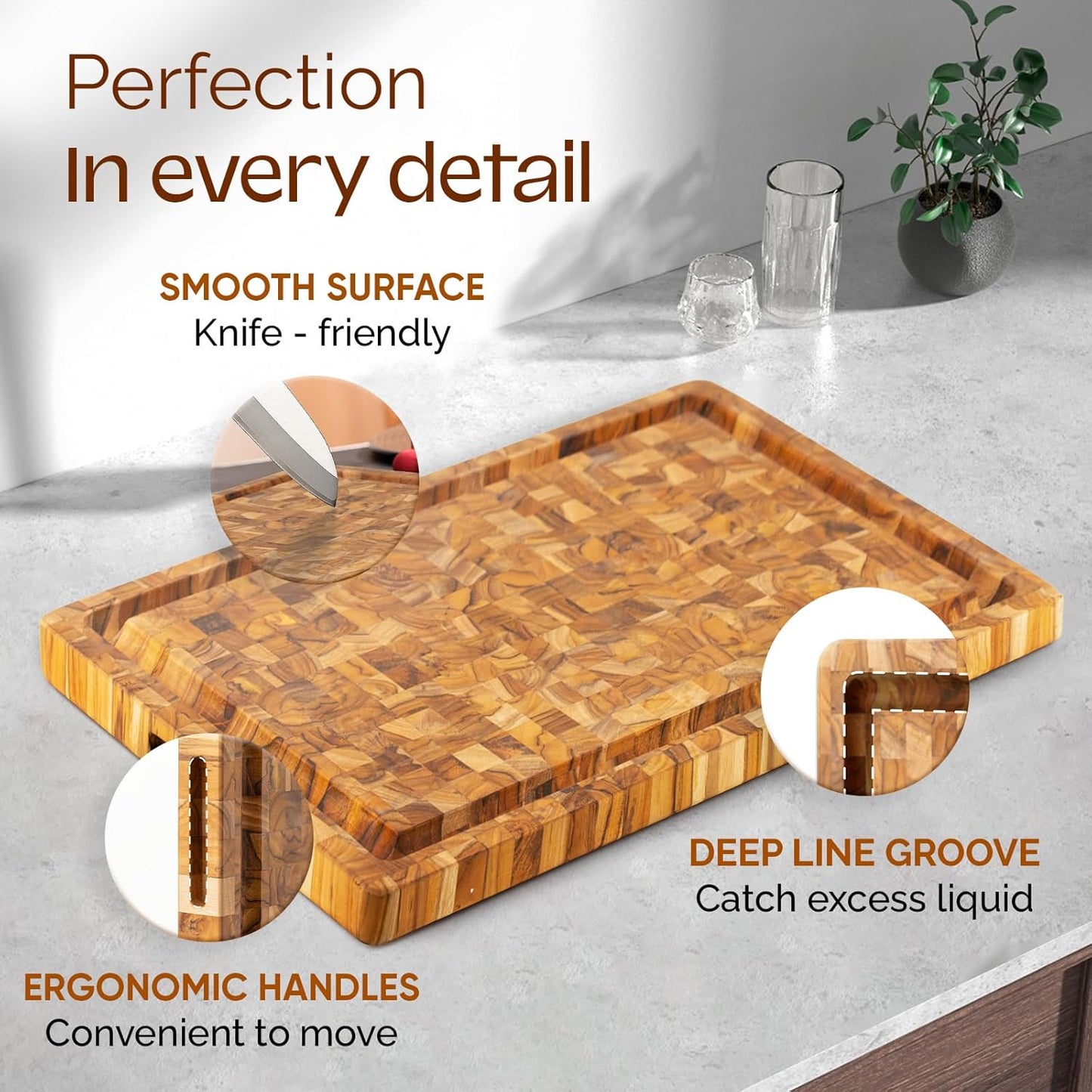 Yes4All Durable Teak Cutting Boards for Kitchen, [20''L x 15''W x 1.5” Thick] Large End Grain Cutting Board, Pre Oiled Wood Cutting Boards, Thick Chopping Board w/Juice Grooves and Easy Grip Handle
