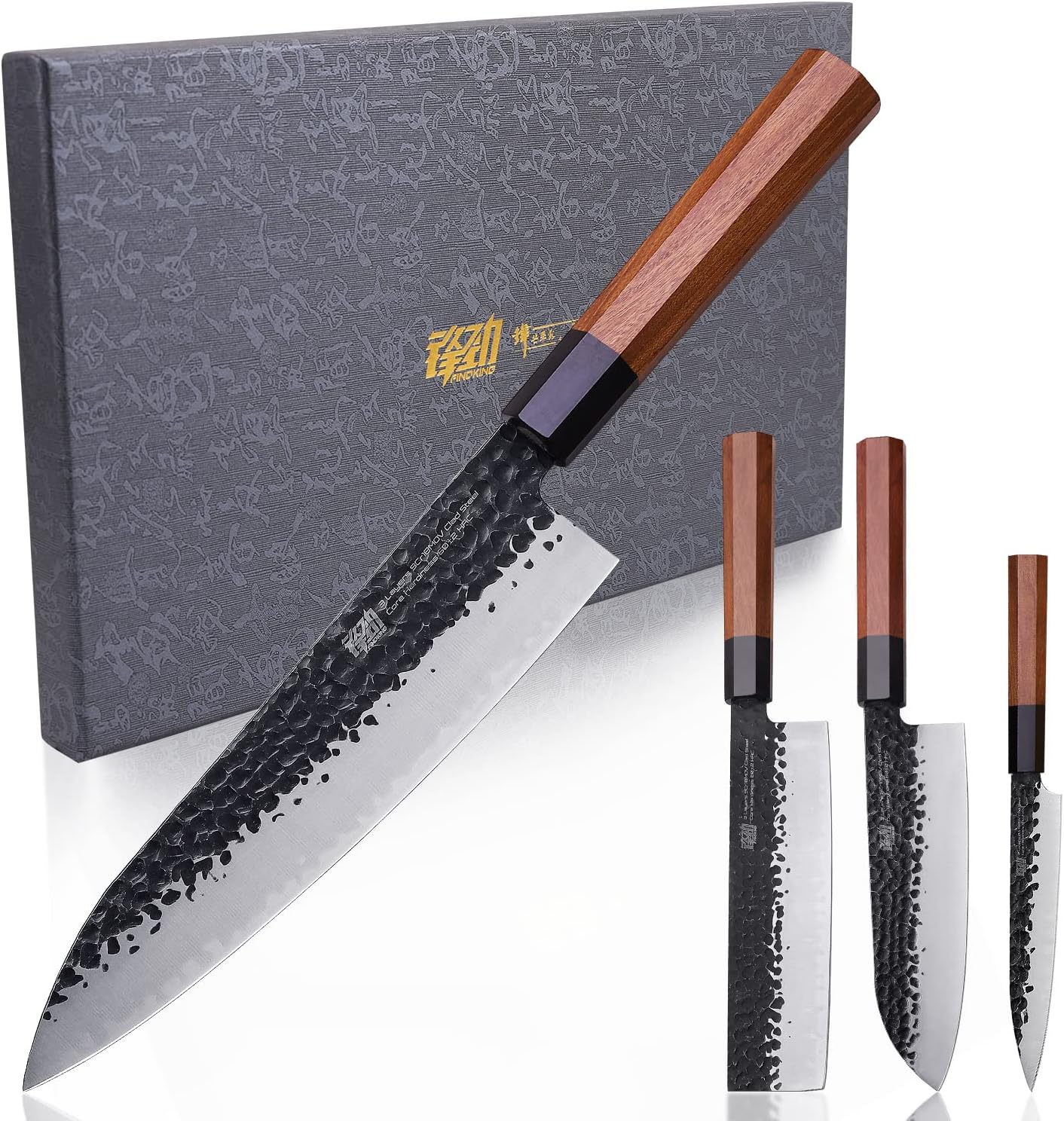 FINDKING Dynasty Series 4PCS Kitchen Knife Set, Professional Japanese Chef Knife Set, 9Cr18MoV High Carbon Steel Blade, African Rosewood Octagonal Handle, for Meat, Fruits, Vegetables