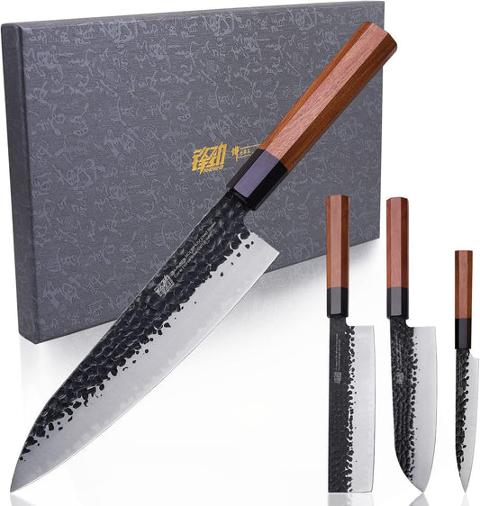 FINDKING Dynasty Series 4PCS Kitchen Knife Set, Professional Japanese Chef Knife Set, 9Cr18MoV High Carbon Steel Blade, African Rosewood Octagonal Handle, for Meat, Fruits, Vegetables