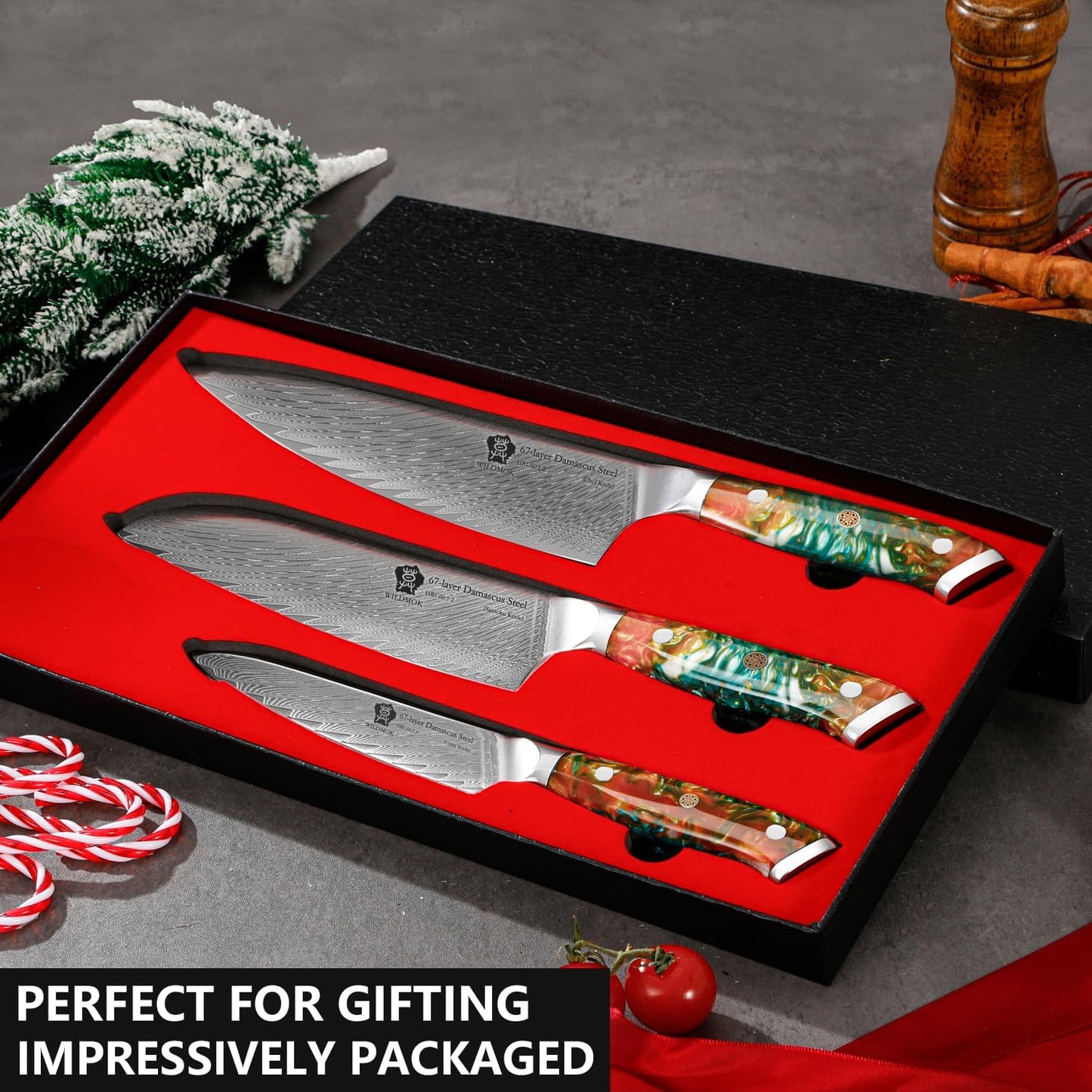 WILDMOK Damascus Kitchen Knife Set, Chef Knife Set, Sharp Damascus Steel Forged Blade Kitchen Knives Set with Ergonomic Resin Handle